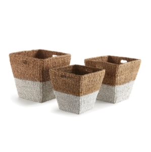 Seagrass Rectangular Baskets with Handles NAT/WHT (Set of 3)
