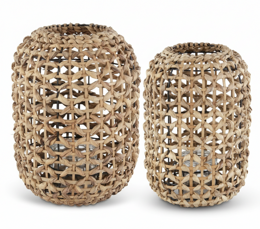 11.75 Inch Natural Water Hyacinth Grass Lantern with Glass Votive