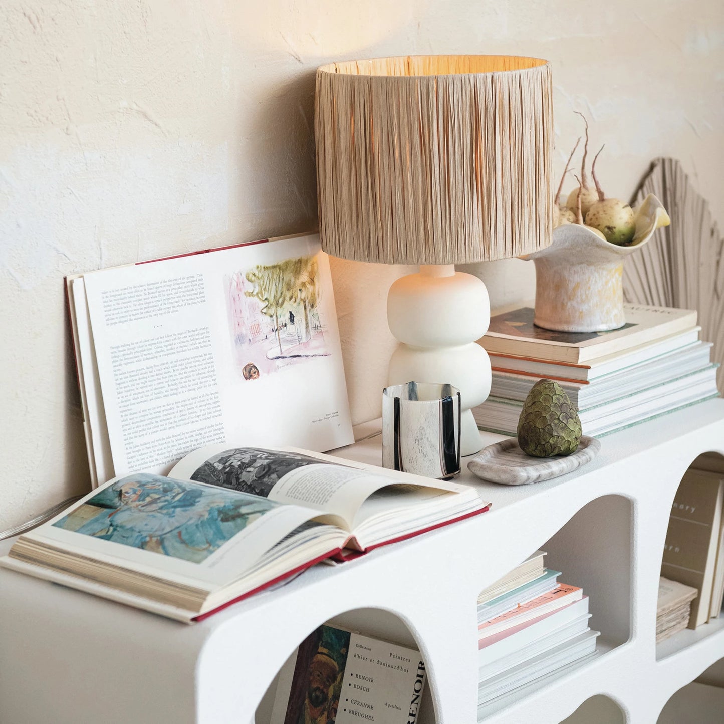 Stoneware Table Lamp w/ Raffia Shade & Inline Switch