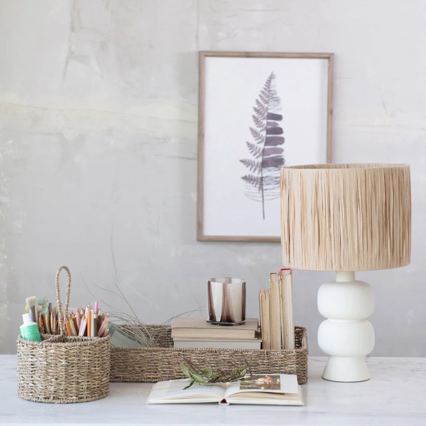 Stoneware Table Lamp w/ Raffia Shade & Inline Switch
