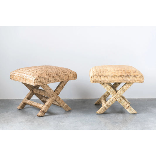 20" Square x 18"H Woven Water Hyacinth & Wood Stool