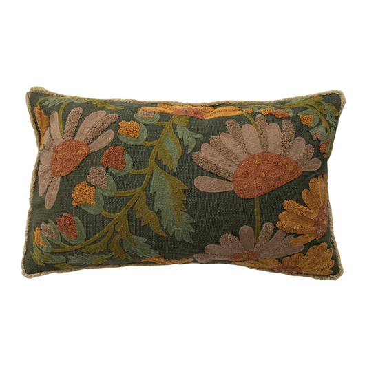 Cotton Slub Embroidered Pillow with Flowers, Fringe & Chambray Back
