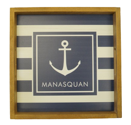 Personalized Navy Anchor Stripes Wooden Serving Tray - MANASQUAN
