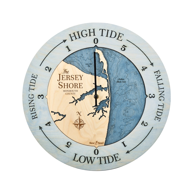 Jersey Shore Tide Clock - Nautical Decor 3D Wood Map | Sun Bleached Blue / 16-inch / Deep Blue