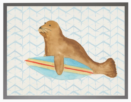 Watercolor Seal with Surfboard with Geometric Background C - Online Only