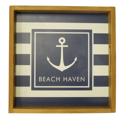 Personalized Navy Anchor Stripes Wooden Serving Tray - BEACH HAVEN