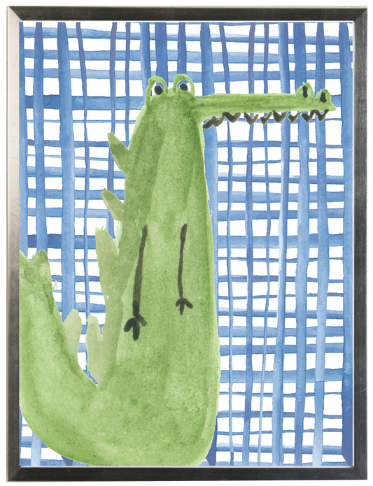 Watercolor Alligator on Navy Plaid Background - Online Only