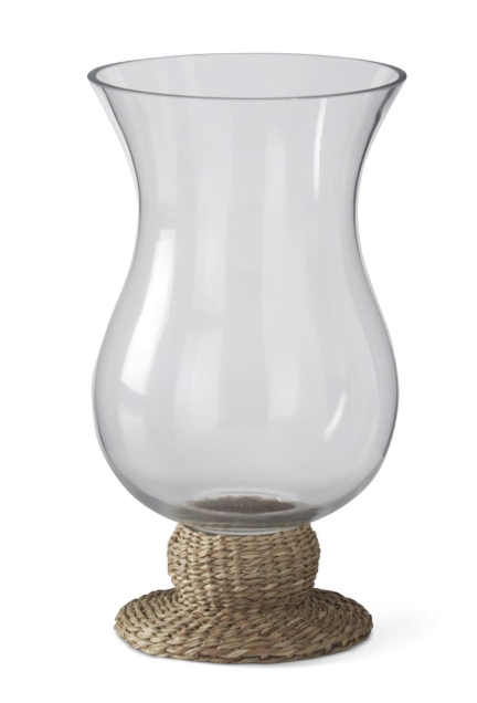 10 Inch Glass Hurricane w/Natural Grass Woven Sleeve