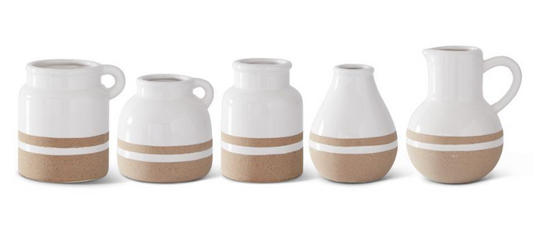 4.5 Inch White with Tan Stripes Ceramic Jug V