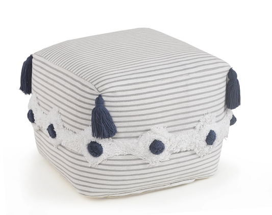 Striped Gray and Ivory Tufted Pouf Gray/Ivory/Blue