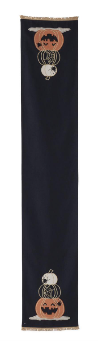 27 INCH BLACK HALLOWEEN JACK O LANTERN STITCHED TABLE RUNNER