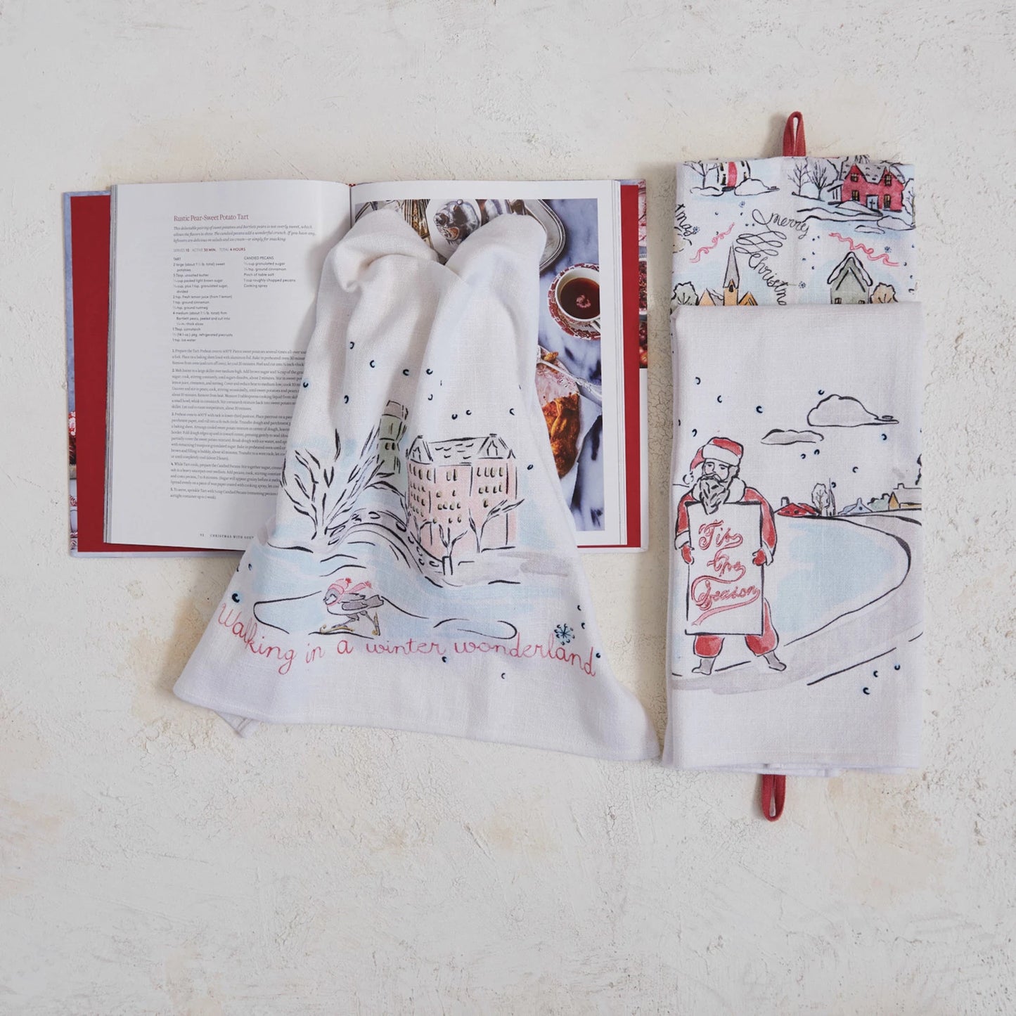 Cotton Printed Tea Towel w/ Holiday Scene/Pattern, Saying & Loop III
