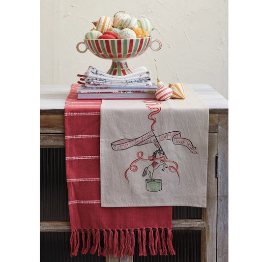 Cotton Chambray Printed Table Runner w/ Carousel Horse & Ribbon Design