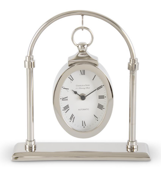 11 Inch Silver Oval Hanging Clock w/Arch Stand