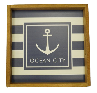 Personalized Navy Anchor Stripes Wooden Serving Tray - OCEAN CITY