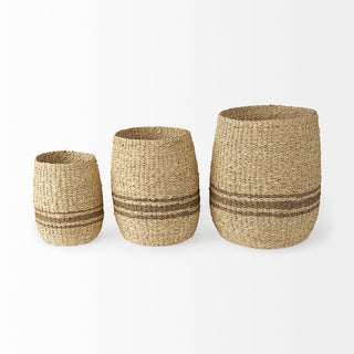 Sivannah Light Brown Medium Brown Striped Seagrass Round Basket
