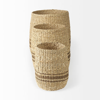 Sivannah Light Brown Medium Brown Striped Seagrass Round Basket
