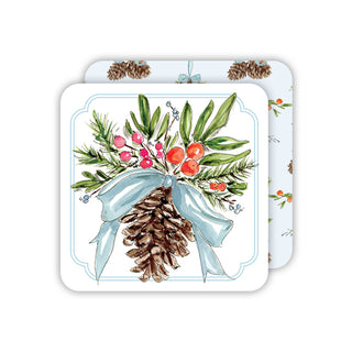 Square Coaster   Handpainted Christmas Citrus Pinecone with Blue Bow

