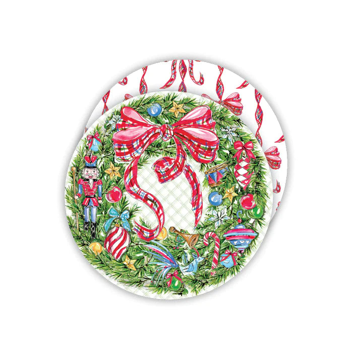 Round Coaster - Handpainted Christmas Wreath with Plaid Bow