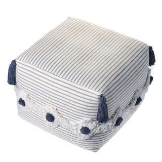 Striped Gray and Ivory Tufted Pouf Gray/Ivory/Blue
