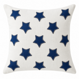 Stars Porch Pillow Embroidered Indigo Stars on White Linen 21" x 21"
