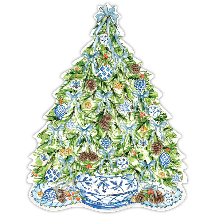 Hand painted Christmas Tree with Blue Ribbon & Bow (Tree Shape) Placemat