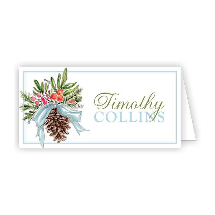 Handpainted Christmas Citrus Pine Cone with Blue Bow Placecard