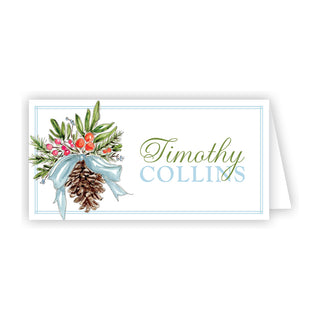 Handpainted Christmas Citrus Pine Cone with Blue Bow Placecard
