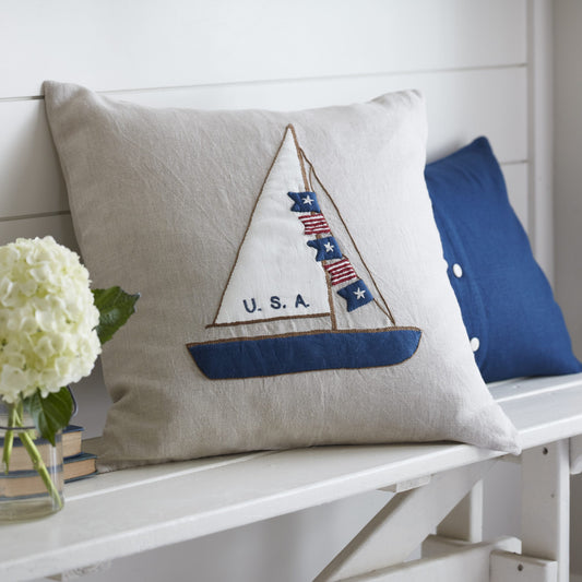 Sailboat Americana on Natural Linen Porch Pillow 21x21