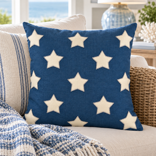 White Stars on Indigo Linen Applique on Porch 21" x 21" Pillow
