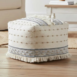 Transitional Striped Indoor Pouf   Blue/Ivory
