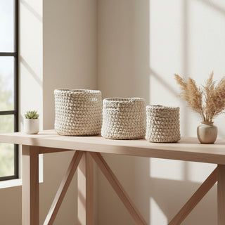 Set of 3   Cream Woven Rope Baskets
