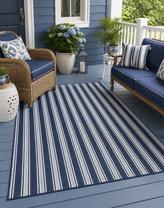 Vertical Stripe Blue & White Outdoor Rug
