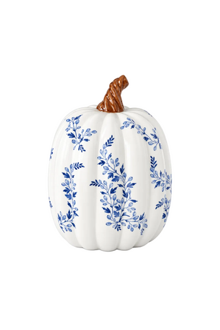 8.75 Inch White w/Blue Floral Ceramic Pumpkin
