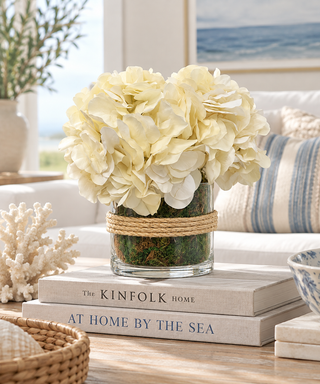 Hydrangeas Arranged in Glass Vase w/Rope White
