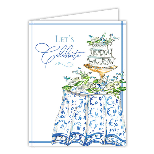 Let's Celebrate Cake and Flowers on Table Greeting Card