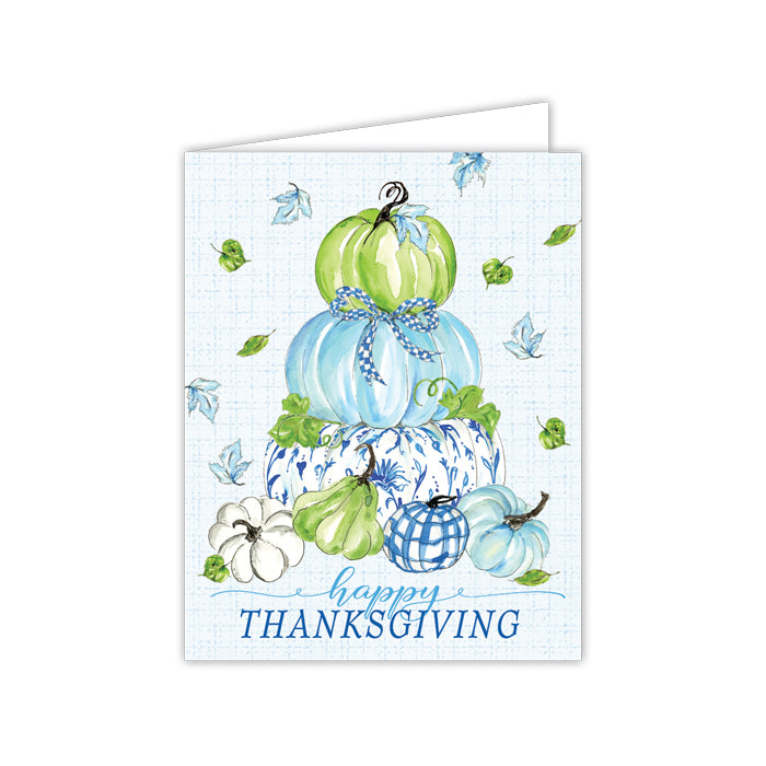 Greeting Card - Handpainted Happy Thanksgiving Blue/Green Pumpkin Stack