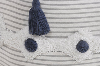 Striped Gray and Ivory Tufted Pouf Gray/Ivory/Blue
