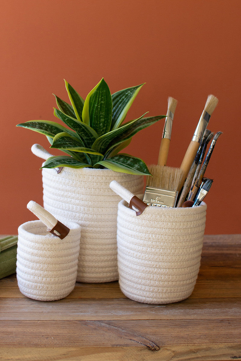 Set of 3 White Tall Coiled Cotton Storage Baskets ***