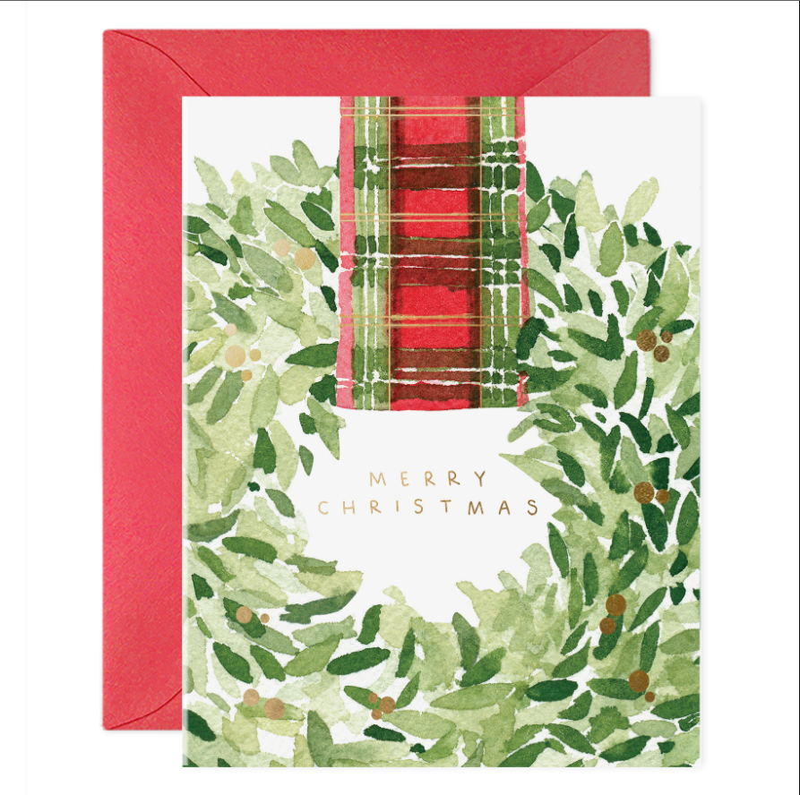 Plaid Ribbon Wreath Christmas Card***