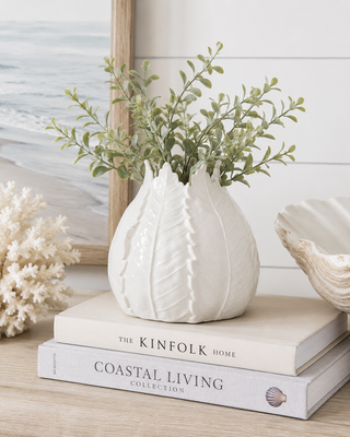 6 Inch White Ceramic Leaf Vase
