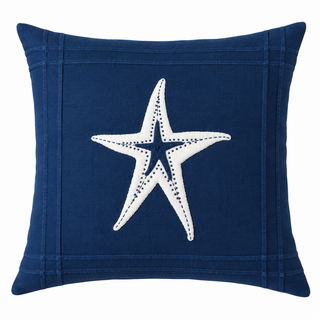 White Starfish on Indigo Linen Pillow 21" x 21"
