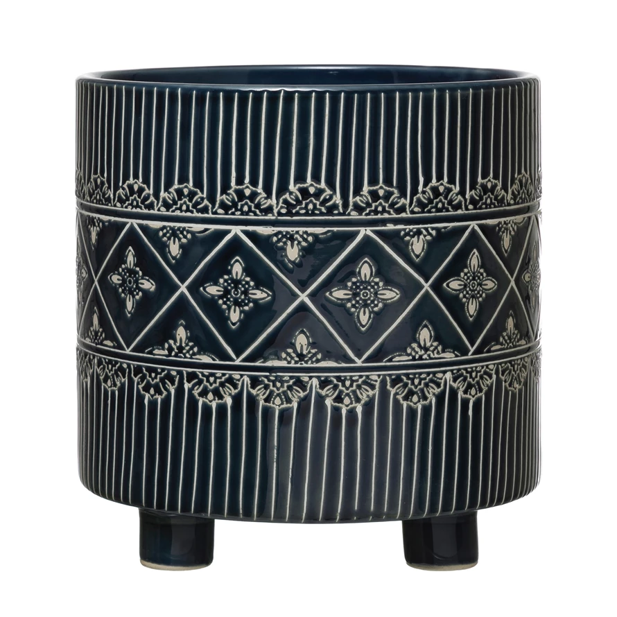 Footed Planter with Black Pattern