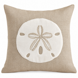 Sand Dollar Pillow, Natural Ground w/ White Applique  Linen   Porch 21"x21"
