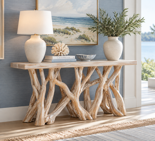 Roell Teak Top 55"W Console Table with Natural Root Base, Whitewash
