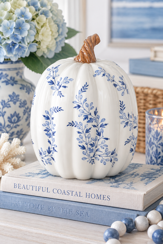 8.75 Inch White w/Blue Floral Ceramic Pumpkin
