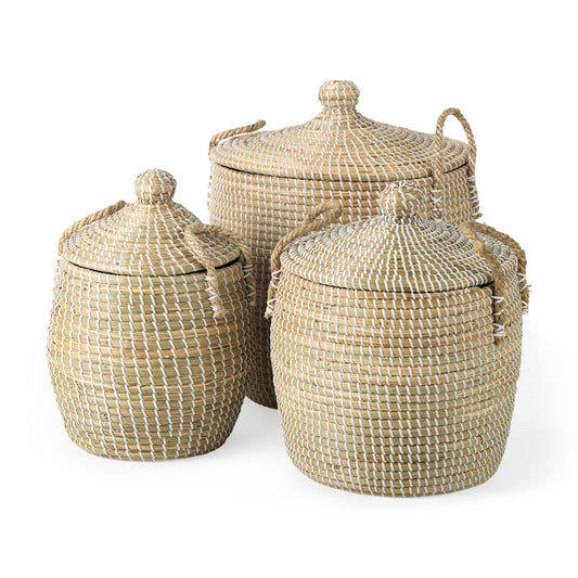 Olivia Beige Seagrass Basket W/Lid and Handles - Medium