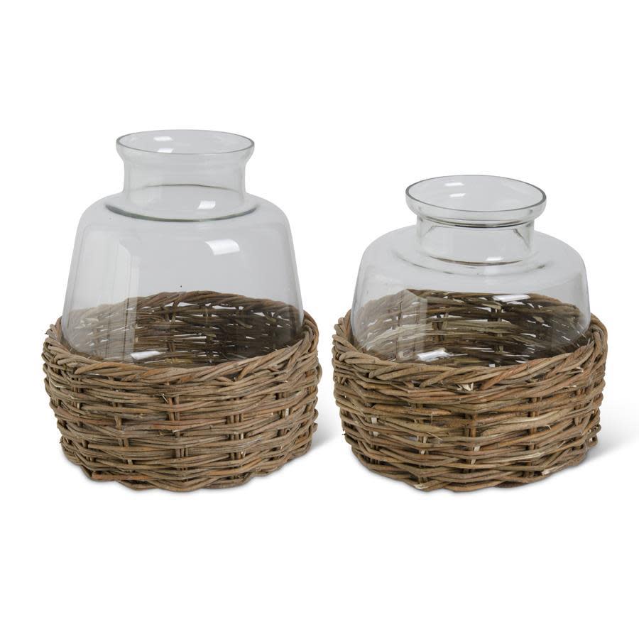 Large Clear Glass Vases in Woven Rattan Basket