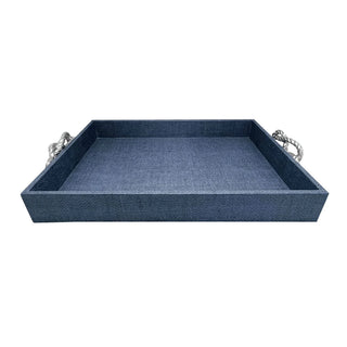 Indigo Faux Grasscloth Tray with Rope Metal Handles
