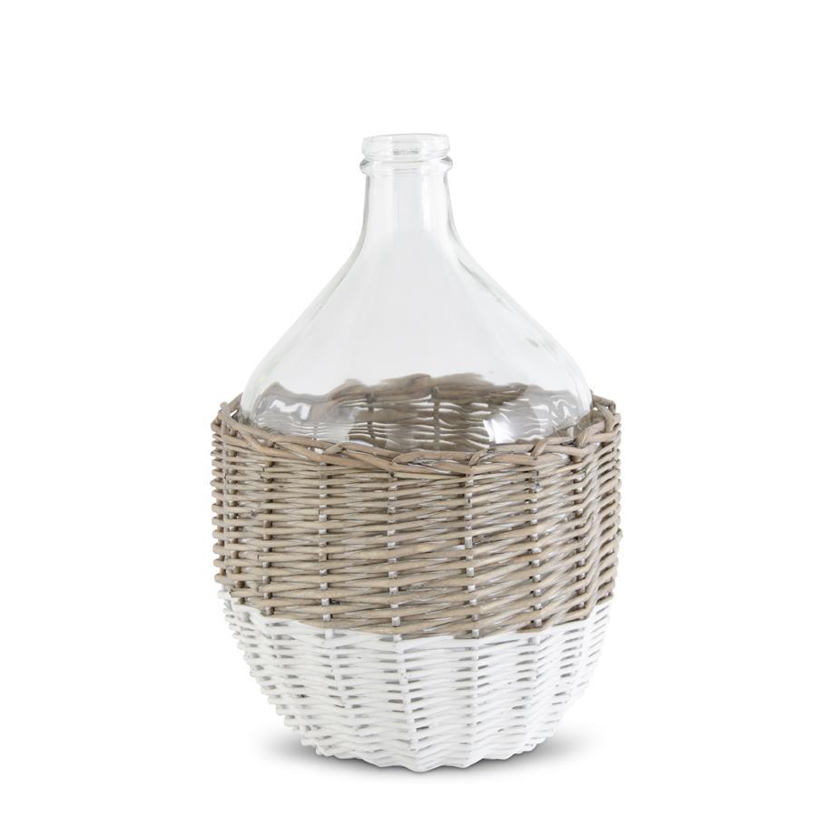 15.5 Inch Clear Glass Bottle in White and Tan Wicker Basket